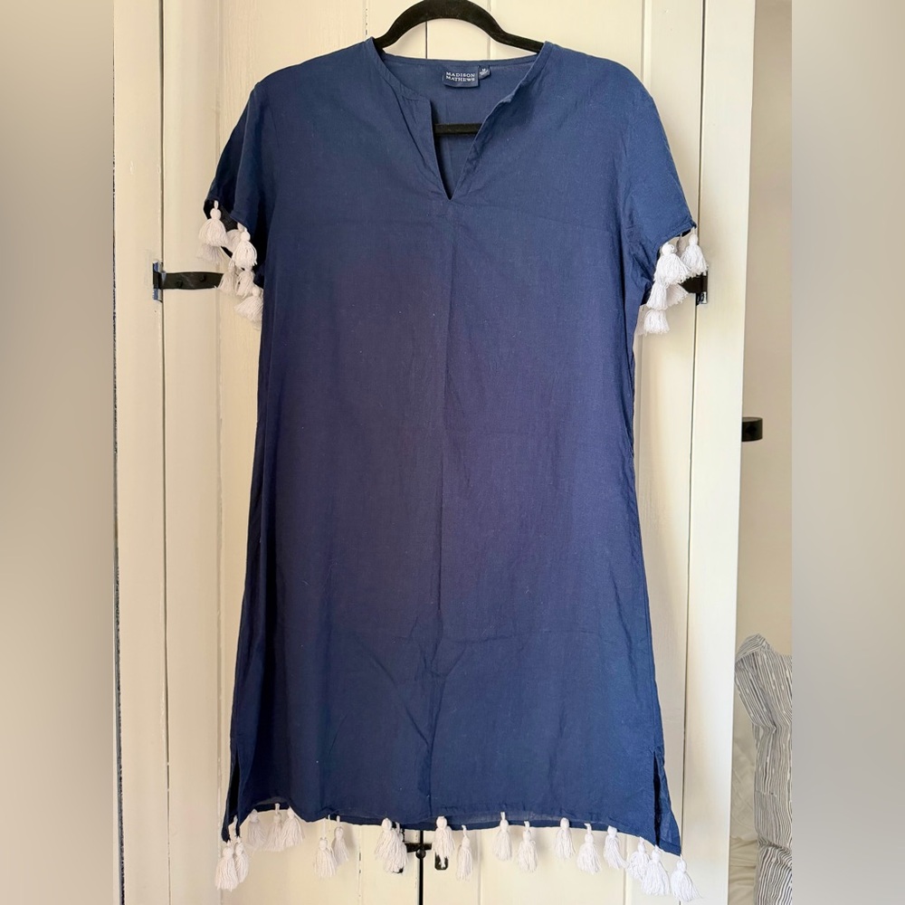 Madison Mathews Navy White Tassel Trim Dress
